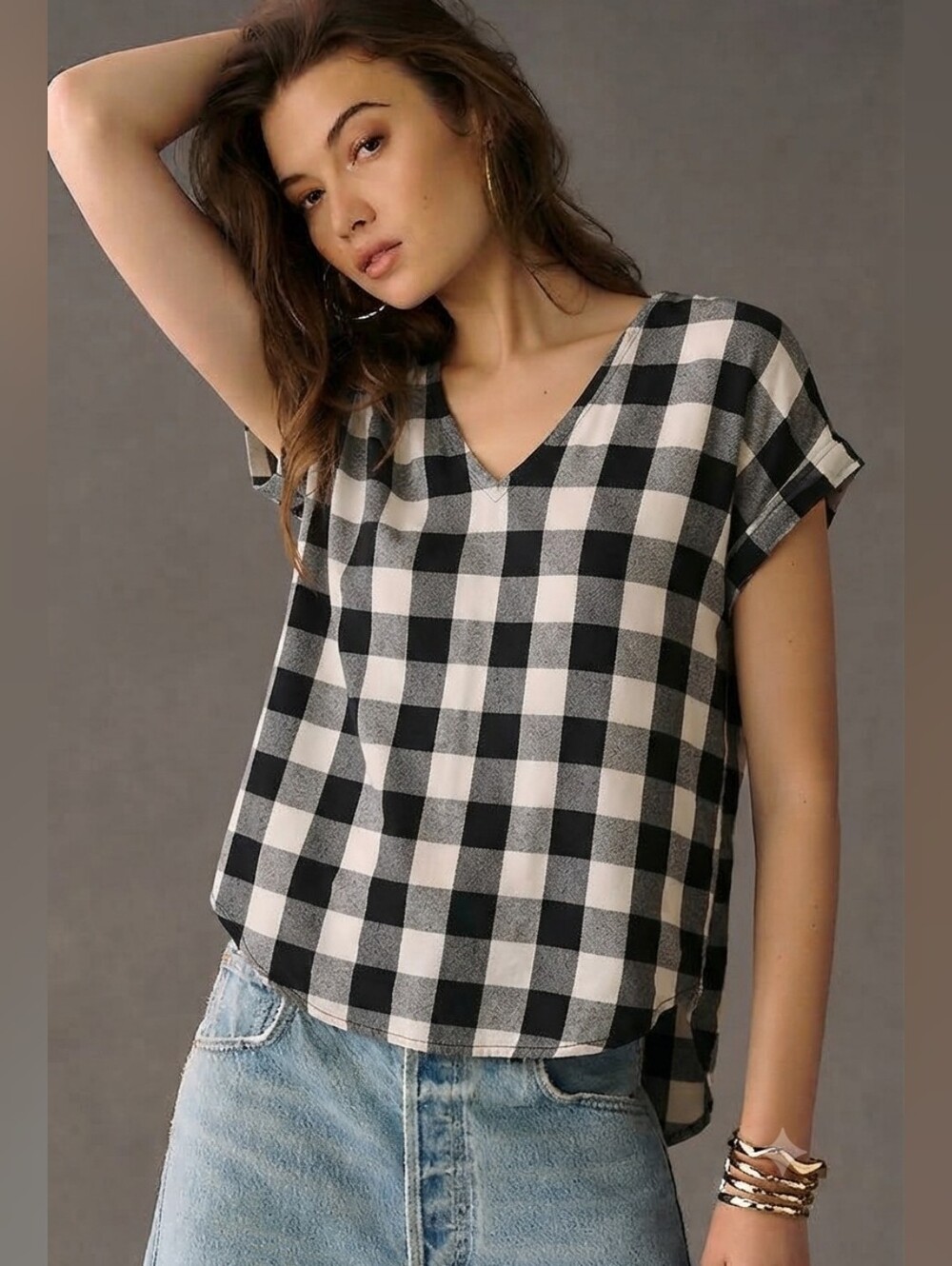 cloth & stone Black and White Gingham V-Neck Tunic Top